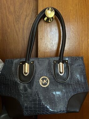 Michael Kors Copy Black Croc-Embossed Tote with Gold Accents